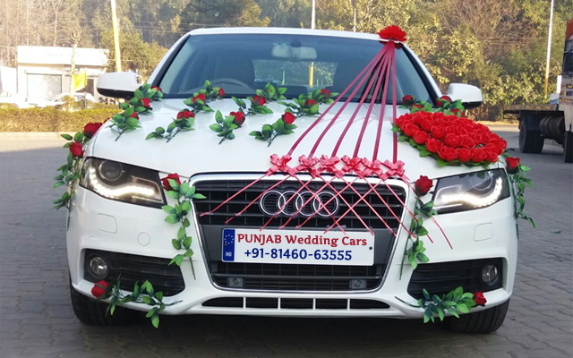 WEDDING CARS - Audi - Wedding Car - Decorated with Flowers Available in Chandigarh, Jalandhar, Ludhiana, Amritsar, Barnala, Bathinda, Hoshiarpur, Faridkot, Fatehgarh Sahib, Fazilka, Firozpur, Gurdaspur, Kapurthala, Mansa, Moga, Ajitgarh, Ropar, Muktsar, Shahid Bhagat Singh Nagar(first known as Nawan Shahr), Sangrur, Patiala, Pathankot, Tarn Taran